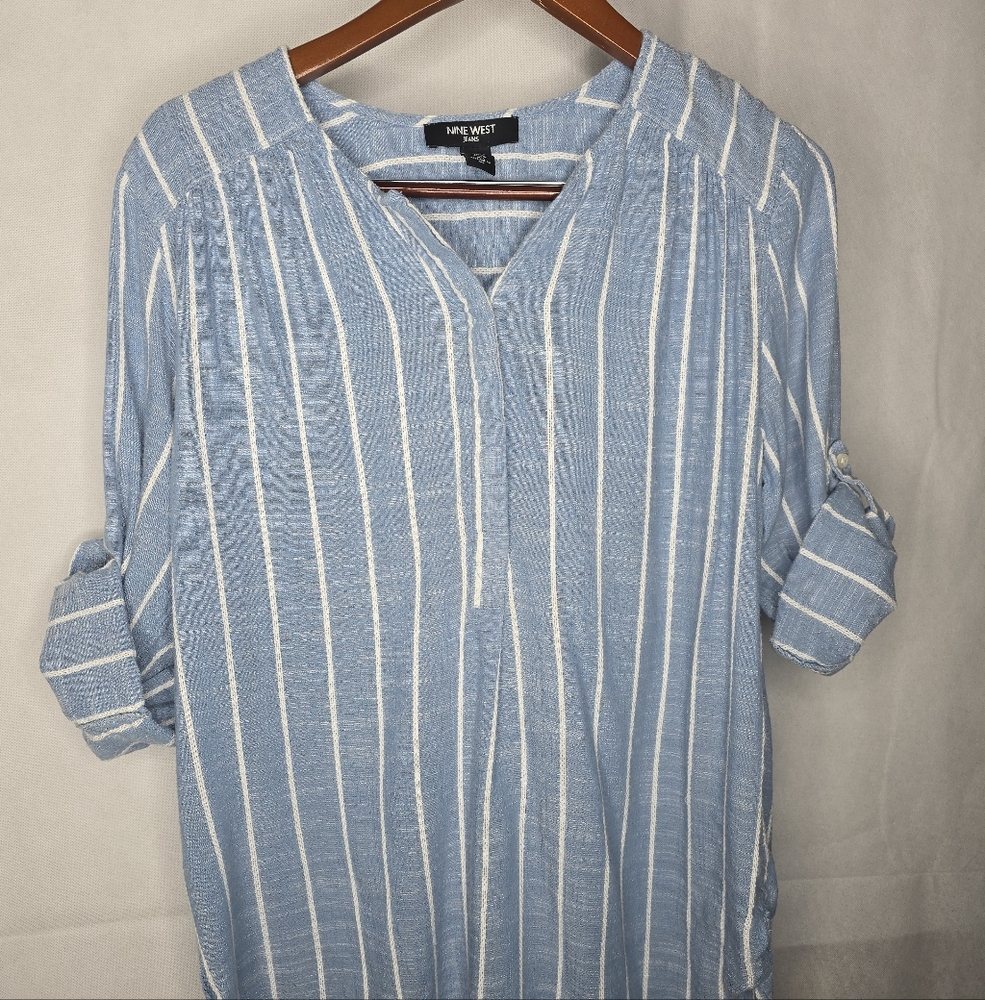 Nine West Lucy Popover Top Blue White Stripes 3/4 Roll Tab Sleeve Tunic M